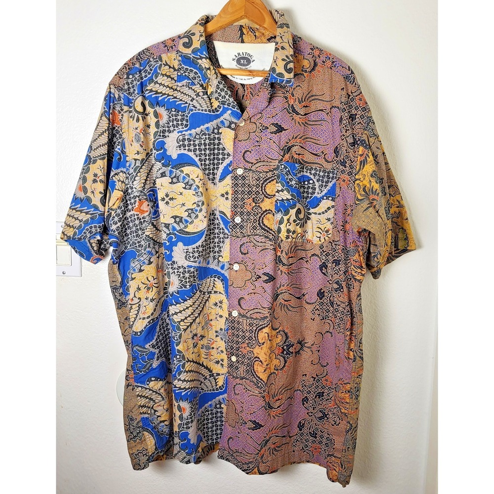 VTG Saratoga Robert Peritz Indonesian Java Short Sleeve Shirt XL 100% Cotton